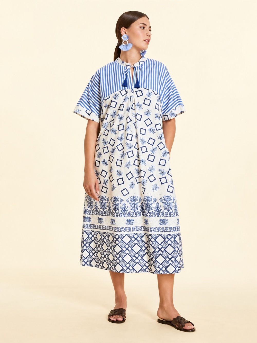 Marina Rinaldi Abito White Blue Cotton Stripe Midi Caftan Kaftan Dress